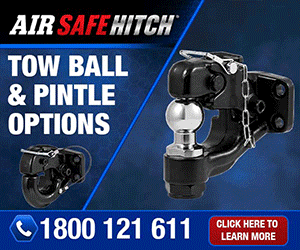 Air Safe Hitch MERC ad showing tow ball and pintle towing options, phone number 1800 121 611 and click here to learn more button.