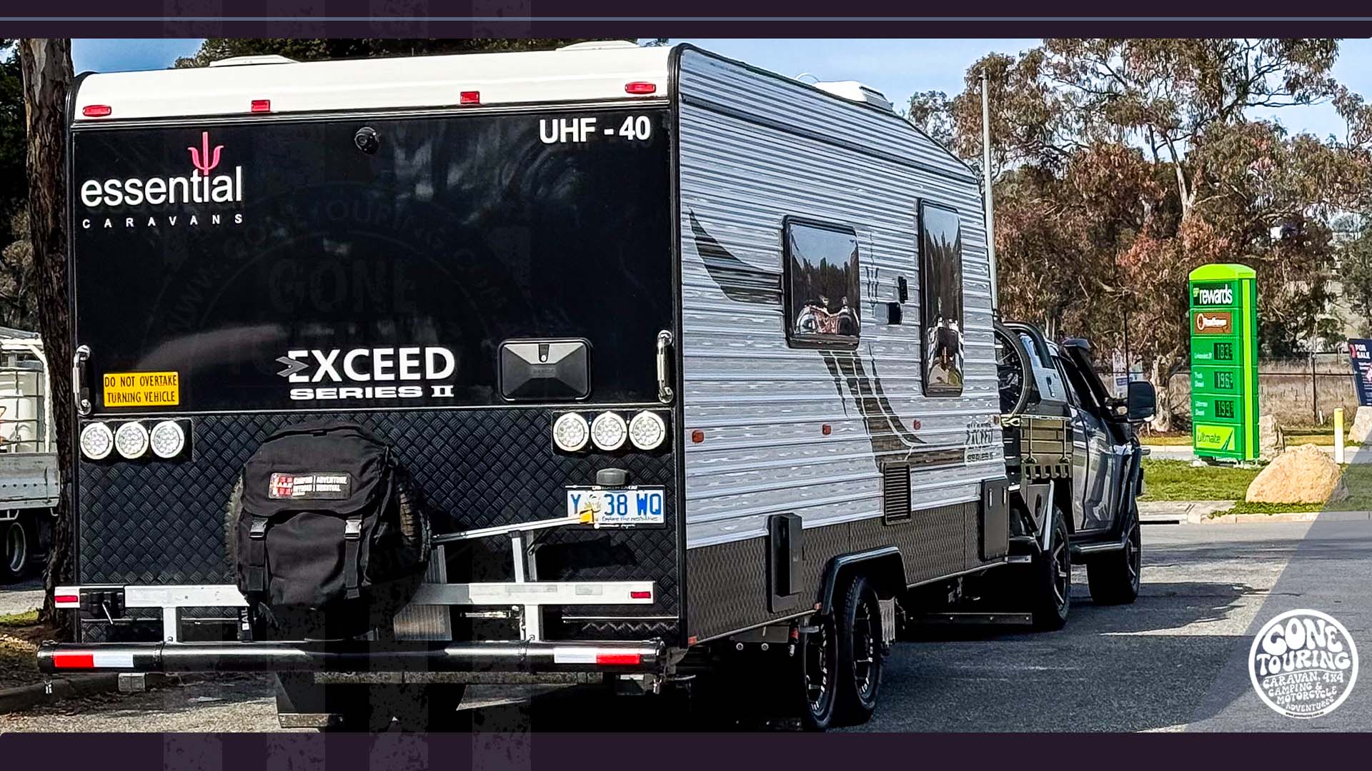 Rear view of Essential caravan displaying a Do Not Overtake Turning Vehicle warning sign