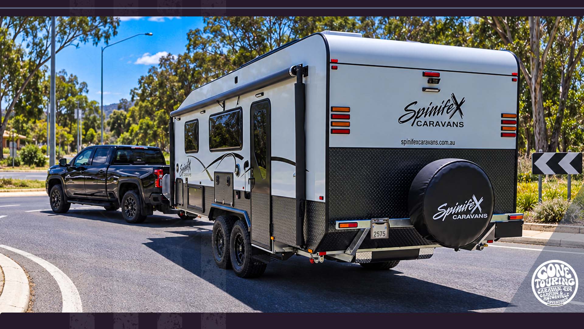 Spinfex caravan and tow vehicle negotiating an Australian roundabout