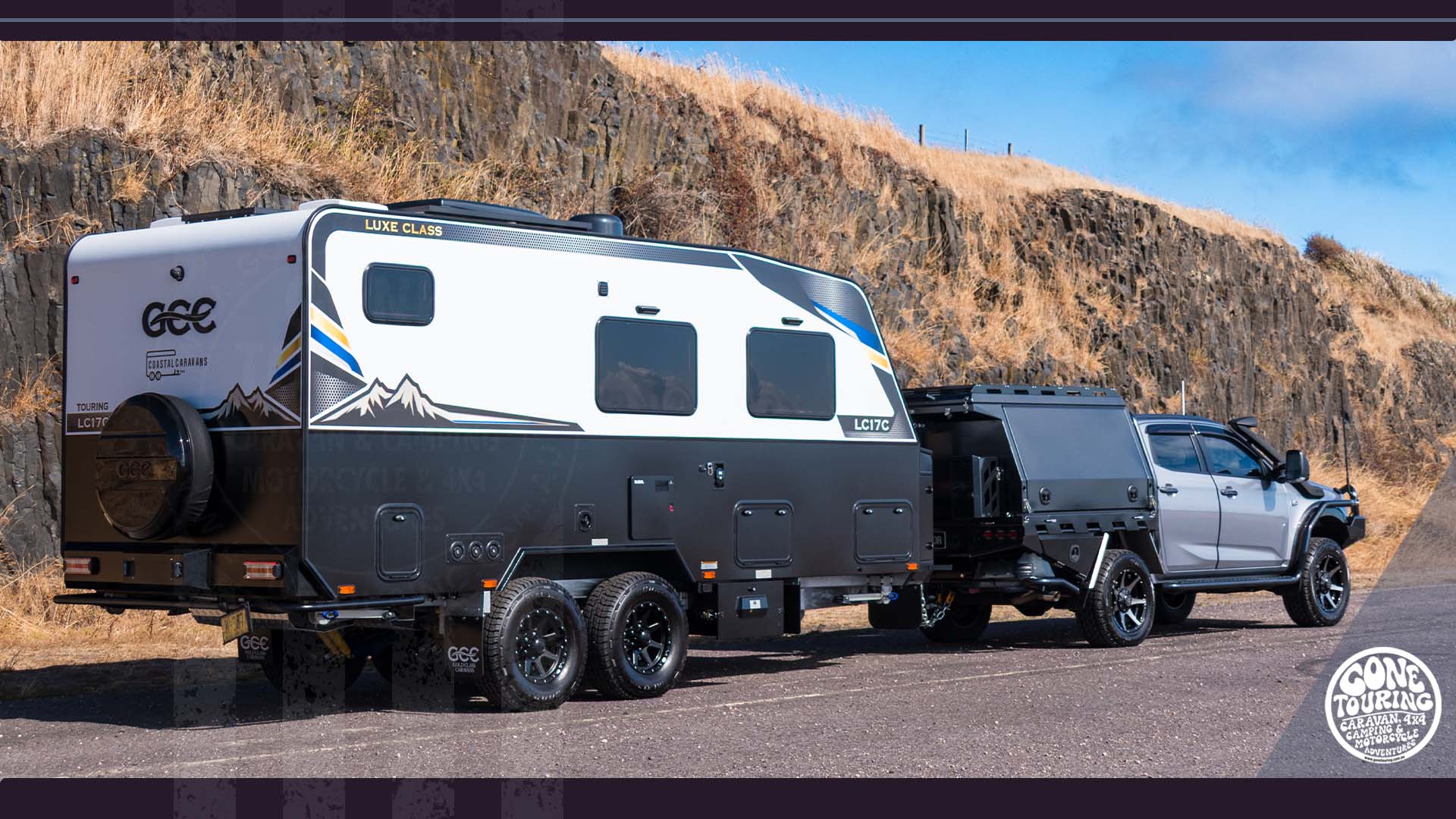 Long GCC caravan and dual-cab tow vehicle showing overall caravan combination length
