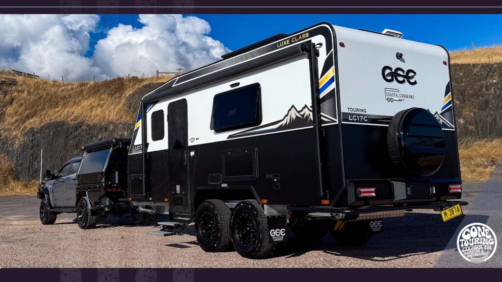 Long GCC caravan and dual-cab tow vehicle showing overall caravan combination length